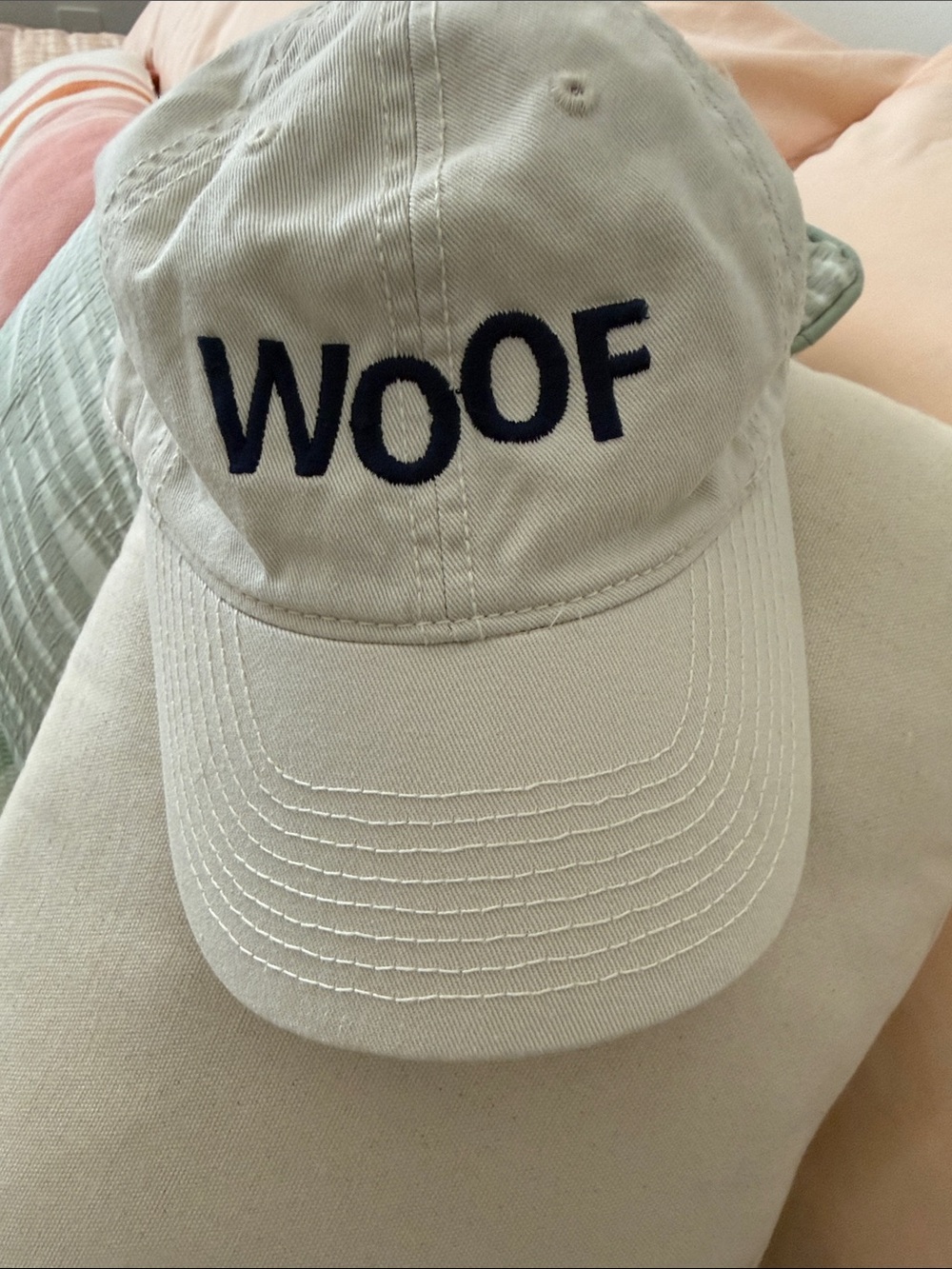 Champion Cream Cap with Navy "WOOF" Embroidery